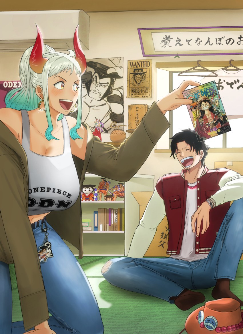 1boy, 1girl, ^_^, alternate_breast_size, alternate_costume, alternate_universe, arm_up, black_hair, blush, bookshelf, breast_pocket, breasts, buttons, casual, closed_eyes, contemporary, day, denim, doduumon, earrings, facing_another, figure, freckles, grey_hair, hat, highres, holding, horns, indoors, jacket, jeans, jewelry, knee_up, kneeling, kouzuki_oden, large_breasts, leaning_forward, long_sleeves, looking_at_object, manga_(object), midriff, multicolored_hair, multicolored_horns, navel, official_art_inset, on_floor, one_piece, open_clothes, open_jacket, open_mouth, pants, pocket, portgas_d._ace, poster_(object), red_horns, roronoa_zoro, sanji_(one_piece), shirt, short_hair, sitting, smile, socks, spread_legs, stomach, tank_top, tatami, torn_clothes, torn_jeans, torn_pants, two-tone_hair, unbuttoned, unworn_hat, unworn_headwear, watch, white_hair, window, wristwatch, yamato_(one_piece), yellow_eyes, yellow_horns