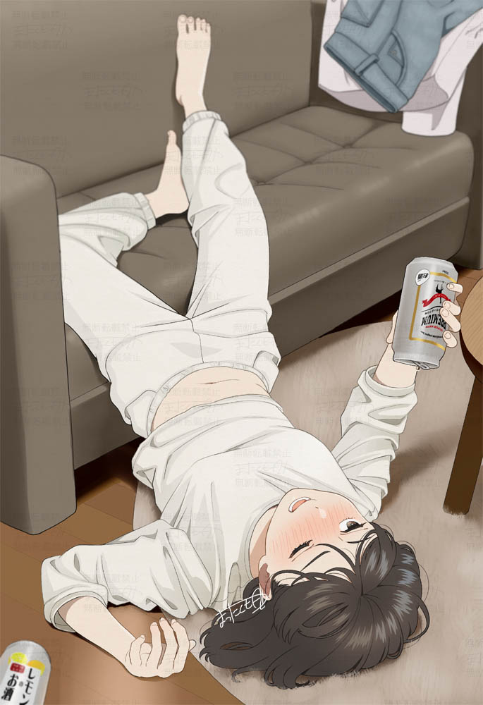 1girl, barefoot, beer_can, black_eyes, black_hair, blush, can, clothes_on_object