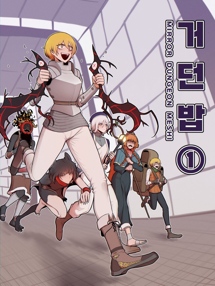 1boy, 1other, 4girls, absurdres, animal_ears, armor, black_hair, blonde_hair