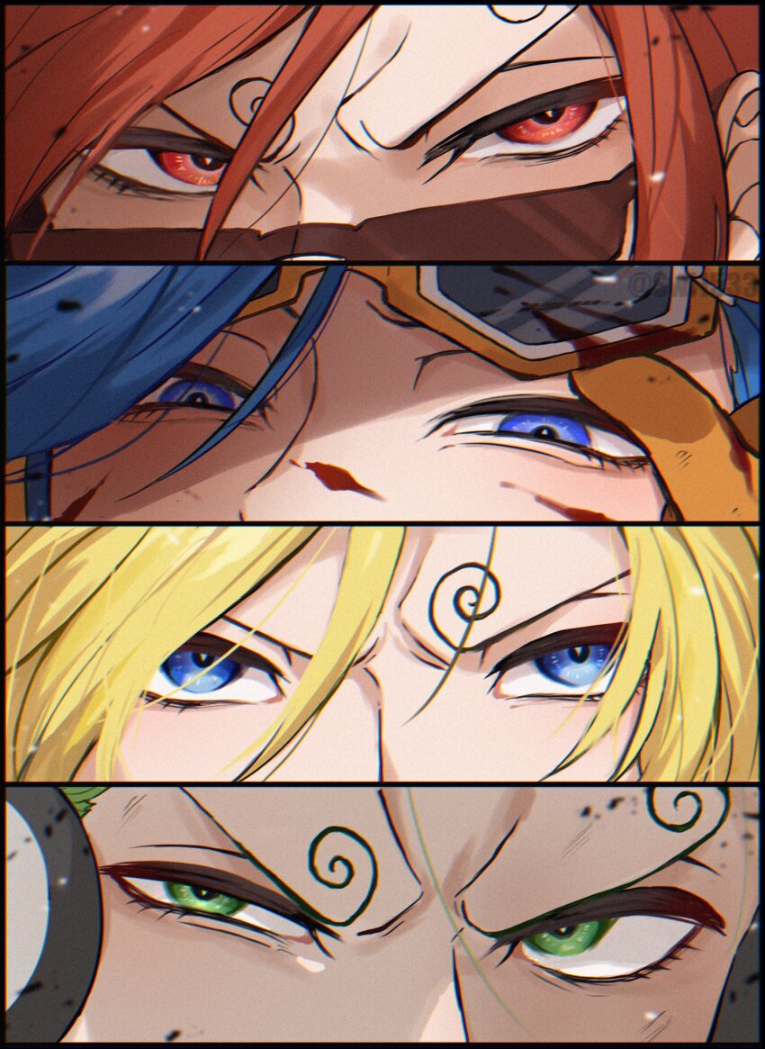 4boys, blonde_hair, blue_eyes, blue_hair, brothers, commentary_request, curly_eyebrows, eye_focus, gloves, green_eyes, green_hair, hair_between_eyes, highres, looking_at_viewer, multiple_boys, one_piece, red_eyes, red_hair, sanji_(one_piece), siblings, sunglasses, swi1533, vinsmoke_ichiji, vinsmoke_niji, vinsmoke_yonji