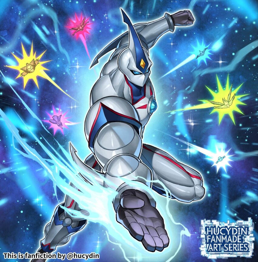 6+boys, artist_name, blue_eyes, chop, colored_skin, duel_monster, elemental_hero_neos, flying