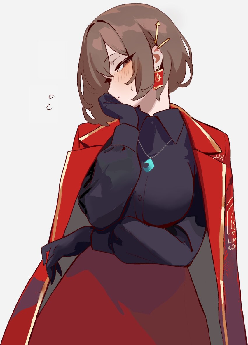 1girl, absurdres, adapted_costume, black_gloves, black_shirt, blush, coat, coat_on_shoulders