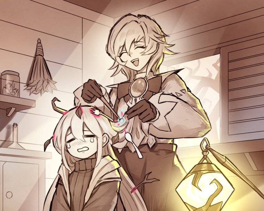 2girls, astellar_of_the_white_forest, closed_eyes, diabellstar_the_black_witch, duel_monster, fork, hucydin, hut