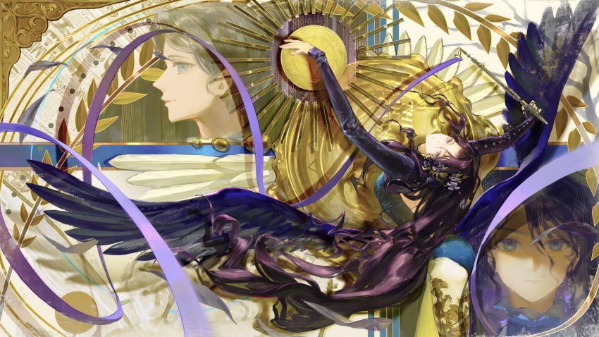 2girls, absurdres, arms_up, athletic_leotard, black_hair, black_wings, blue_eyes, blue_leotard