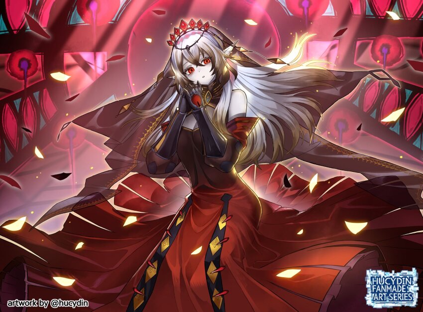 1girl, artist_name, black_veil, blazing_cartesia_the_virtuous, breasts, cleavage, debris, detached_sleeves