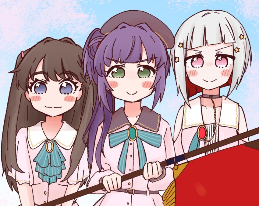 >:), 3girls, amado_(amaddo_club), ascot, blue_sky, blush, blush_stickers, brown_hair