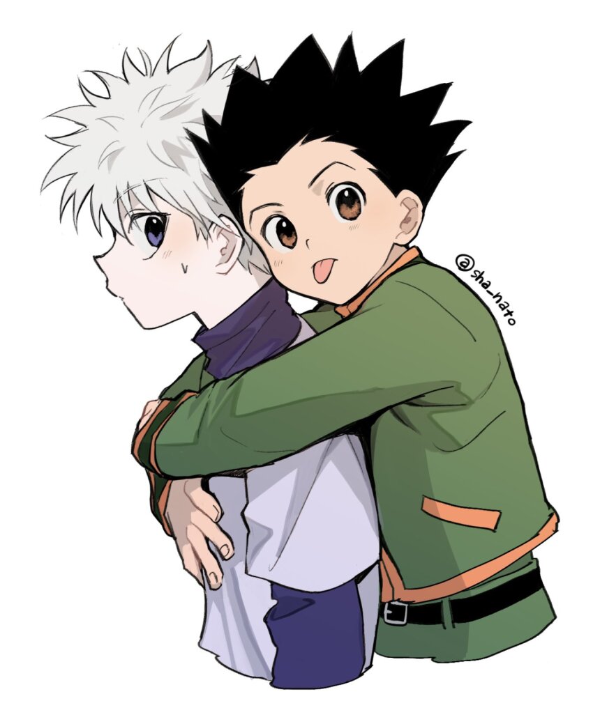 2boys, :p, arms_around_neck, belt, belt_buckle, black_belt, black_hair, blue_eyes, blue_shirt, brown_eyes, buckle, closed_mouth, commentary_request, cropped_legs, cropped_torso, gon_freecss, green_jacket, green_pants, highres, hunter_x_hunter, jacket, killua_zoldyck, layered_sleeves, long_sleeves, looking_at_viewer, looking_back, male_focus, multiple_boys, orange_trim, pants, sha_nato, shirt, short_over_long_sleeves, short_sleeves, tongue, tongue_out, turtleneck, twitter_username, white_hair, white_shirt
