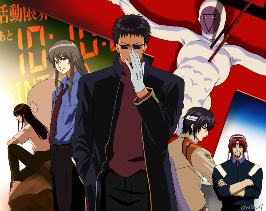 2others, 5boys, adjusting_eyewear, anime_coloring, bandaged_head, bandages, beard, black_coat