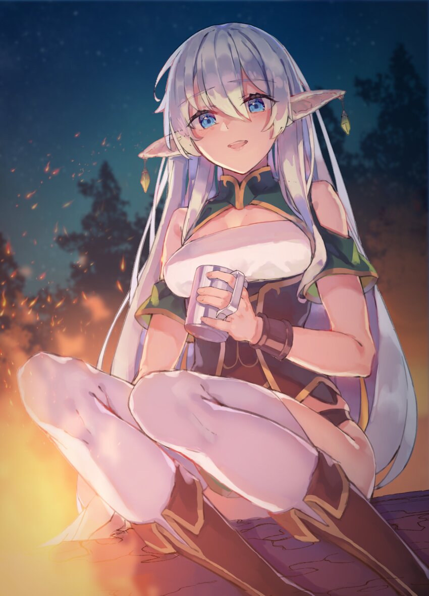 1girl, absurdres, bare_shoulders, blue_eyes, boots, bracer, breasts, brown_boots