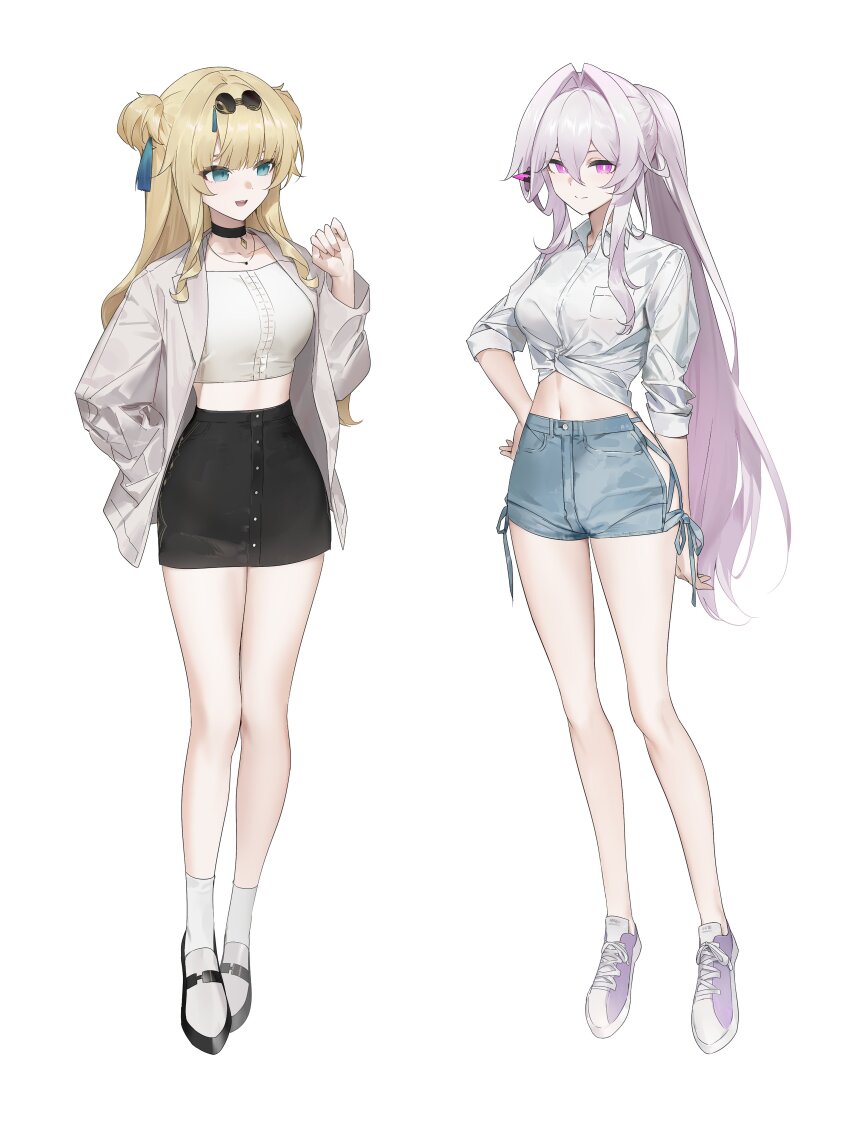 2girls, absurdres, alternate_costume, baiser3rd, black_choker, black_shoes, black_shorts, blonde_hair
