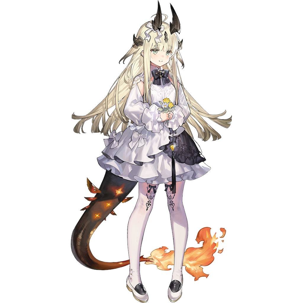 1girl, arknights, blonde_hair, blue_eyes, dragon_girl, dragon_horns, dragon_tail, dress