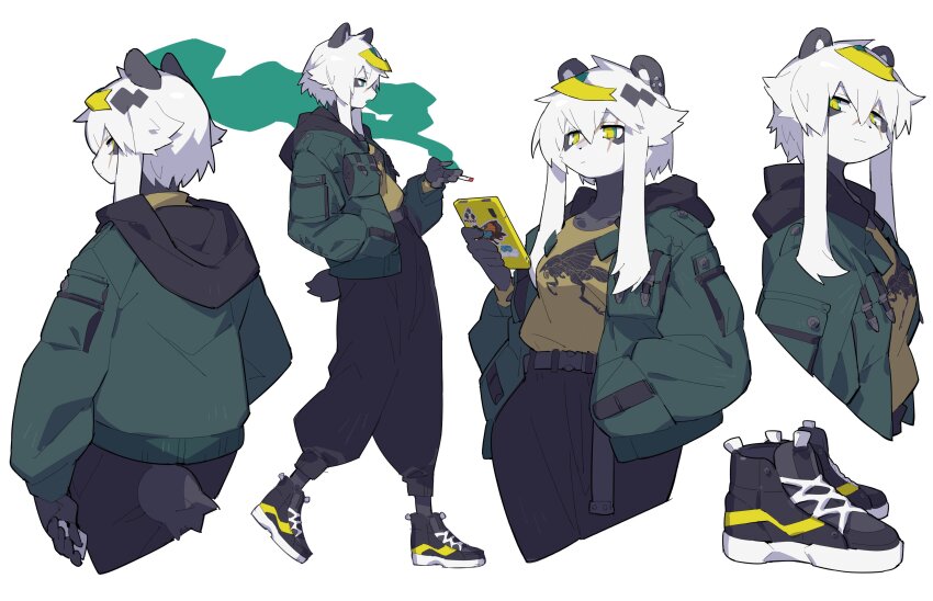 1girl, absurdres, ahoge, animal_ears, belt, black_pants, cellphone, cigarette
