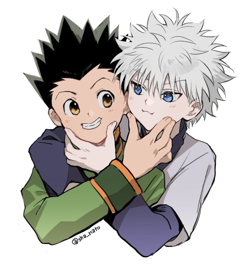 2boys, arm_around_shoulder, arm_up, black_hair, blue_eyes, blue_hair, blue_shirt, brown_eyes