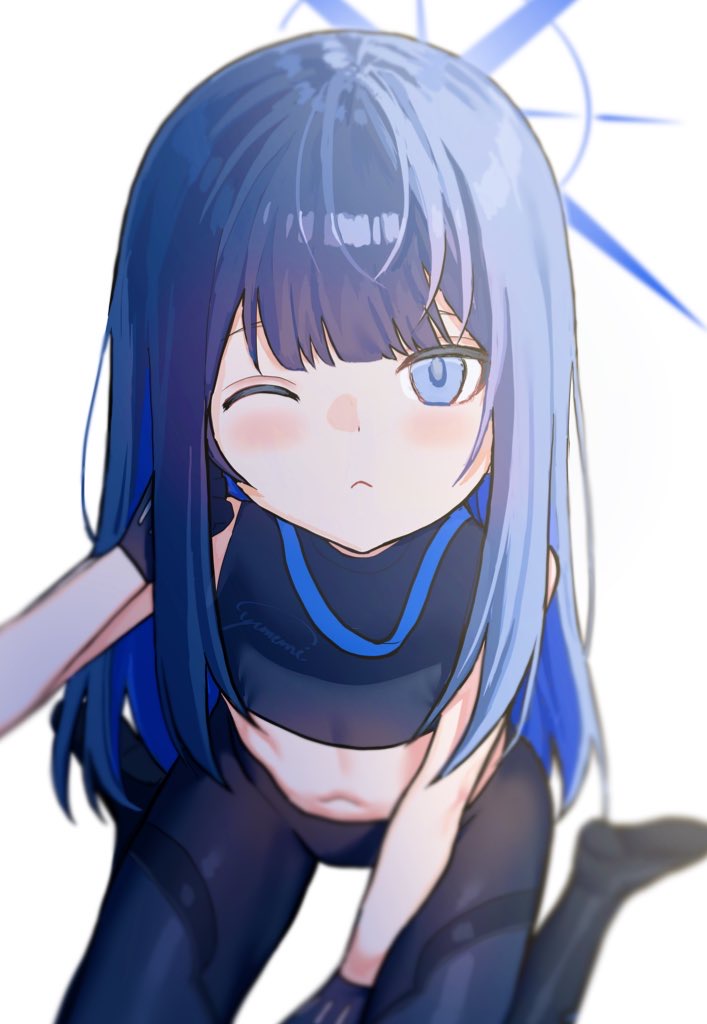 1girl, bare_arms, bare_shoulders, belly, between_legs, black_gloves, black_pants, black_tank_top