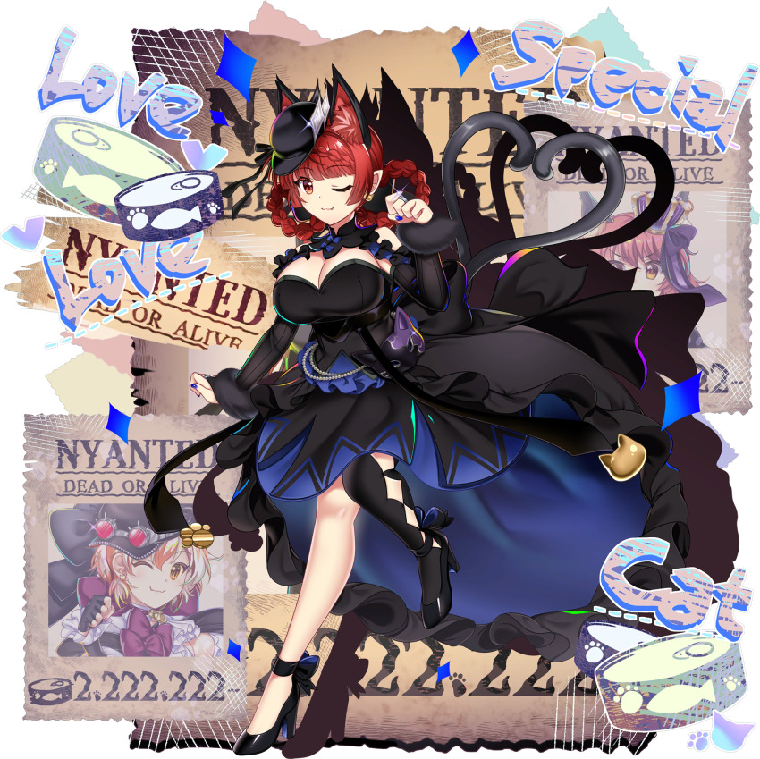 1girl, alternate_costume, alternate_hairstyle, animal_ears, black_dress, blue_nails, breasts, cat_ears