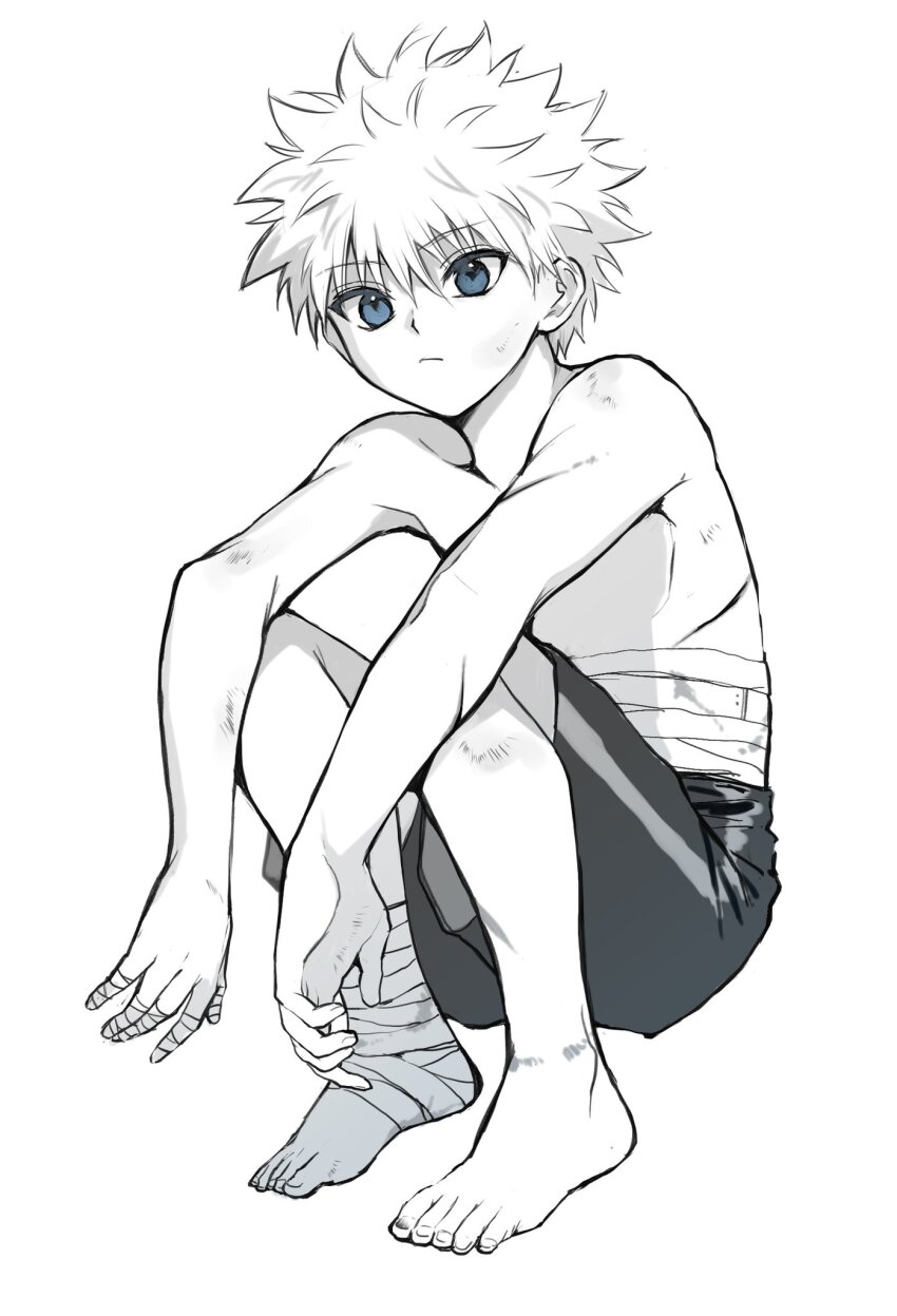 1boy, :/, arms_on_knees, bandaged_ankle, bandaged_chest, bandaged_fingers, bandages, blue_eyes