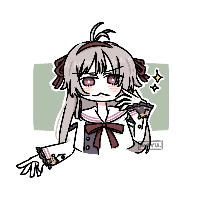 1girl, :<, antenna_hair, artist_name, assault_lily, blush, bright_pupils, brown_eyes