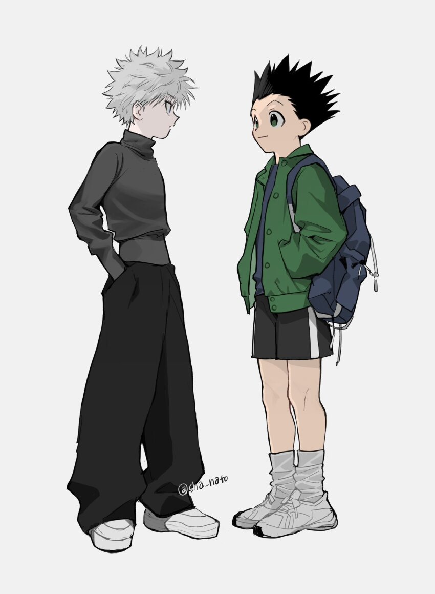2boys, alternate_costume, black_hair, black_pants, black_shorts, closed_mouth, full_body, gon_freecss