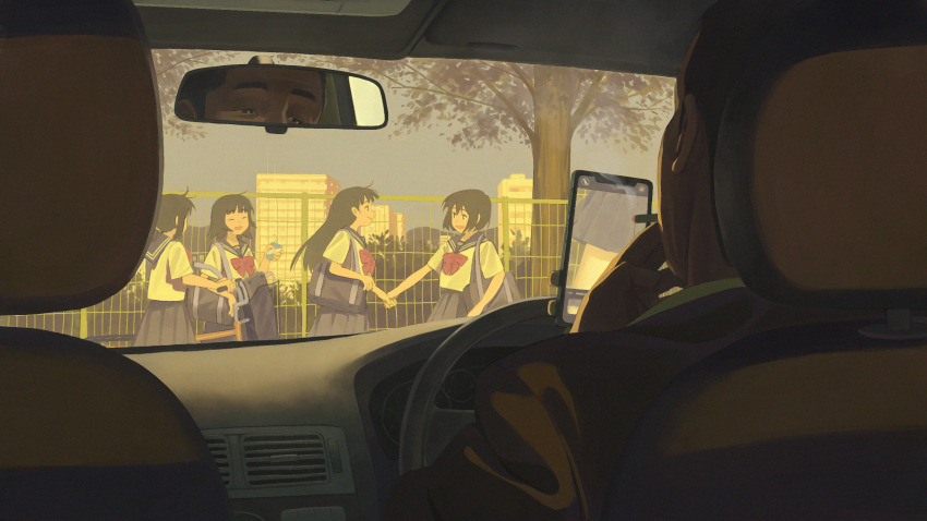 1boy, 4girls, bag, bicycle, black_eyes, black_hair, bow, bowtie