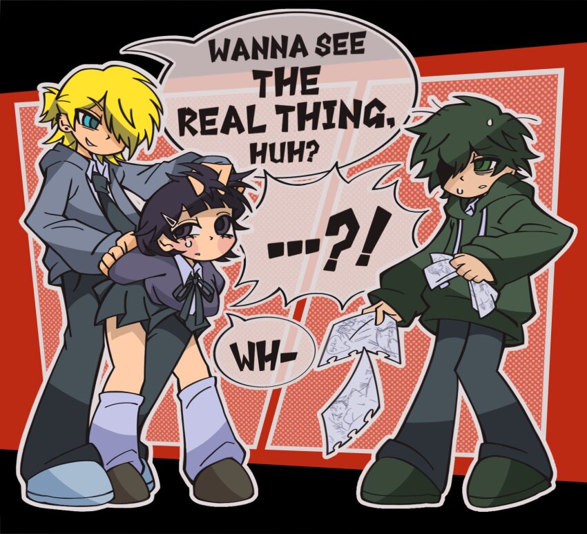 1girl, 2boys, arms_behind_back, artist_request, between_legs, blonde_hair, degrees_of_lewdity, drawing_(object)