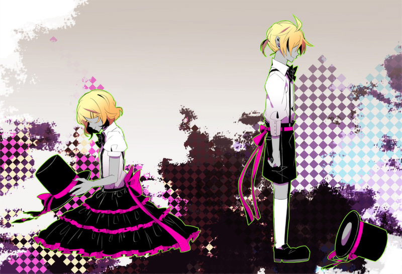 1boy, 1girl, blonde_hair, bonus_stage_(vocaloid), brother_and_sister, hair_ornament, hairclip, hat, hino_(moca), holding, holding_unworn_clothes, holding_unworn_hat, kagamine_len, kagamine_rin, shoes, short_hair, siblings, skirt, socks, suspenders, twins, unworn_hat, unworn_headwear, vocaloid