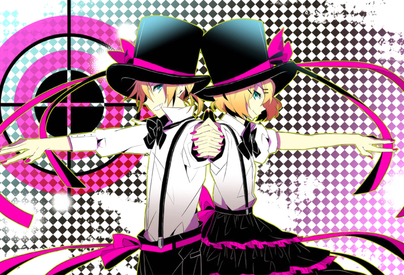 1boy, 1girl, aqua_eyes, blonde_hair, bonus_stage_(vocaloid), brother_and_sister, hair_ornament, hairclip