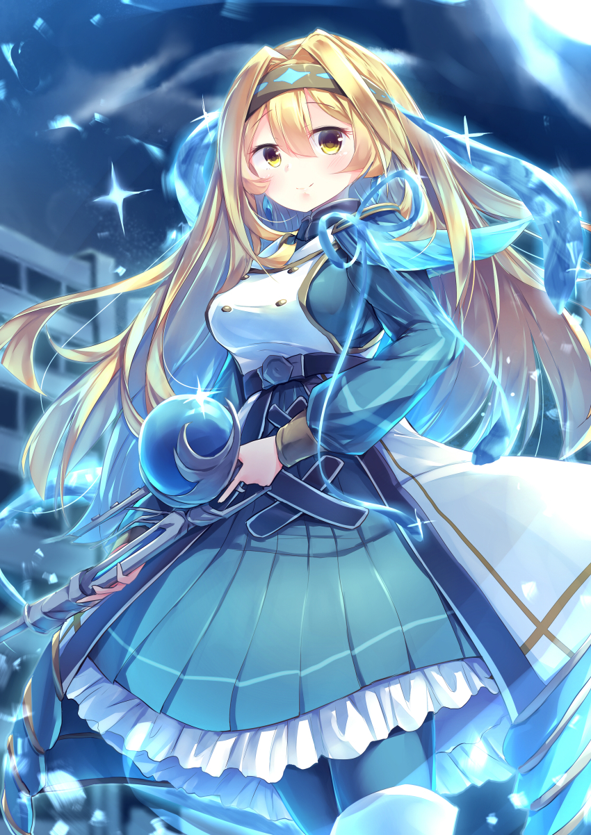 1girl, absurdres, blonde_hair, blue_dress, blue_pantyhose, blush, breasts, building