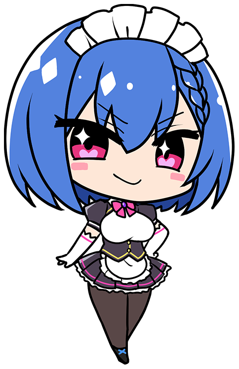 1girl, apron, black_dress, black_skirt, blue_hair, blush, bow, bowtie