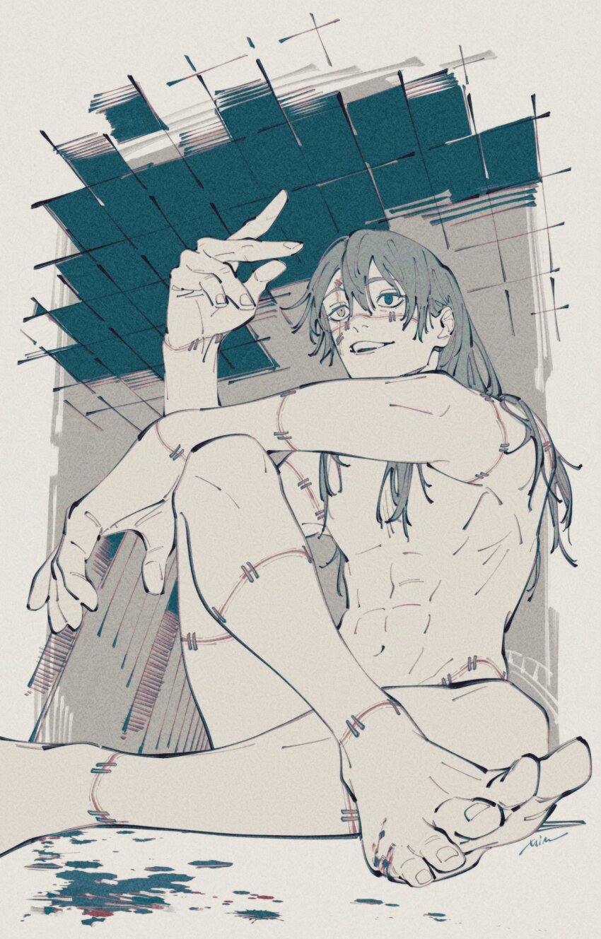 1boy, arm_on_knee, arm_up, blood, blood_on_ground, ceiling, completely_nude, double-parted_bangs, fingernails, full_body, hair_behind_ear, hair_between_eyes, heterochromia, highres, jujutsu_kaisen, knee_up, long_hair, looking_ahead, mahito_(jujutsu_kaisen), male_focus, mim_(mimya0600), nude, sitting, smile, solo, stitched_arm, stitched_face, stitched_wrist, stitches, teeth, tile_ceiling, tiles