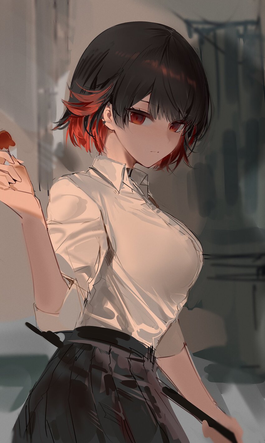 1girl, absurdres, baiser3rd, black_hair, black_skirt, breasts, closed_mouth, collared_shirt, colored_inner_hair, commentary_request, ellen_joe, from_side, highres, holding, korean_commentary, large_breasts, looking_at_viewer, multicolored_hair, red_eyes, red_hair, shirt, short_hair, skirt, solo, three-quarter_sleeves, two-tone_hair, white_shirt, zenless_zone_zero