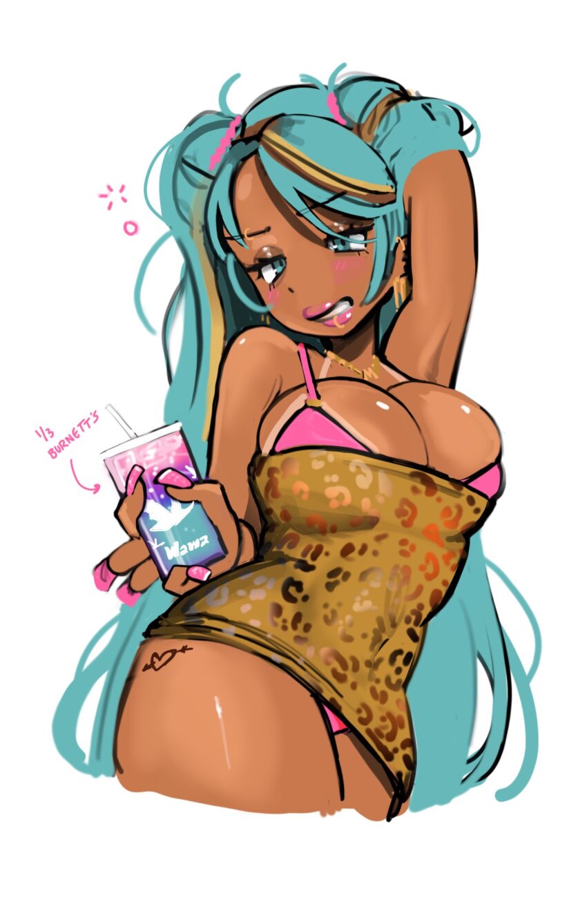 1girl, alternate_skin_color, bikini, bikini_under_clothes, blue_hair, breasts, brown_dress, brown_hair