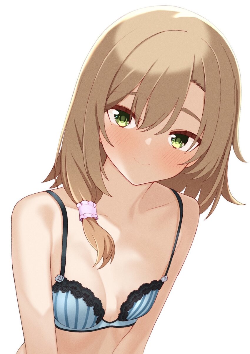 1girl, bare_shoulders, blue_bra, blush, bra, breasts, brown_hair, closed_mouth