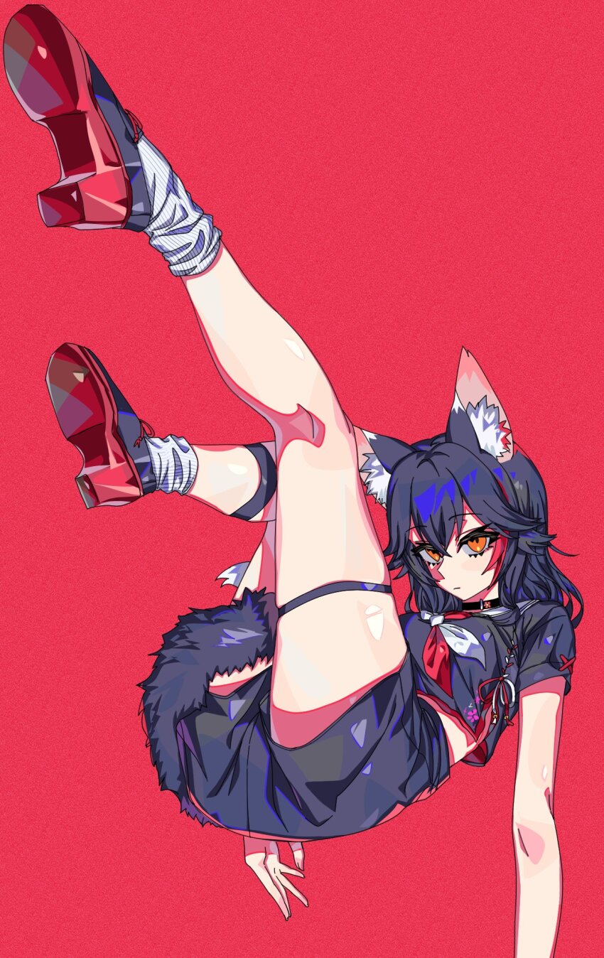 1girl, animal_ear_fluff, animal_ears, black_choker, black_hair, black_shirt, black_shorts, choker