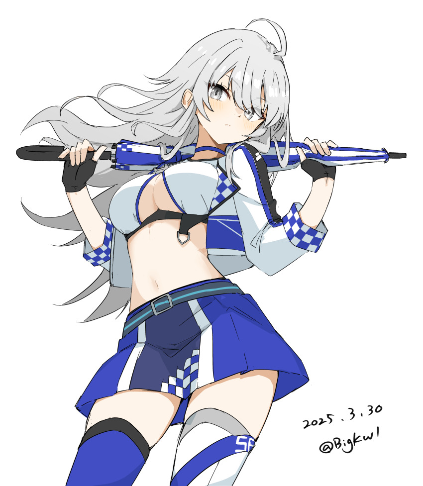 1girl, absurdres, ahoge, belt, bigkwl, black_gloves, blue_choker, blue_thighhighs