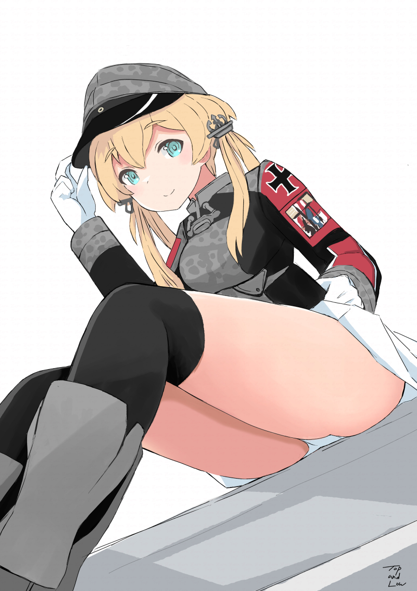 1girl, absurdres, anchor_hair_ornament, aqua_eyes, black_thighhighs, blonde_hair, boots, camouflage