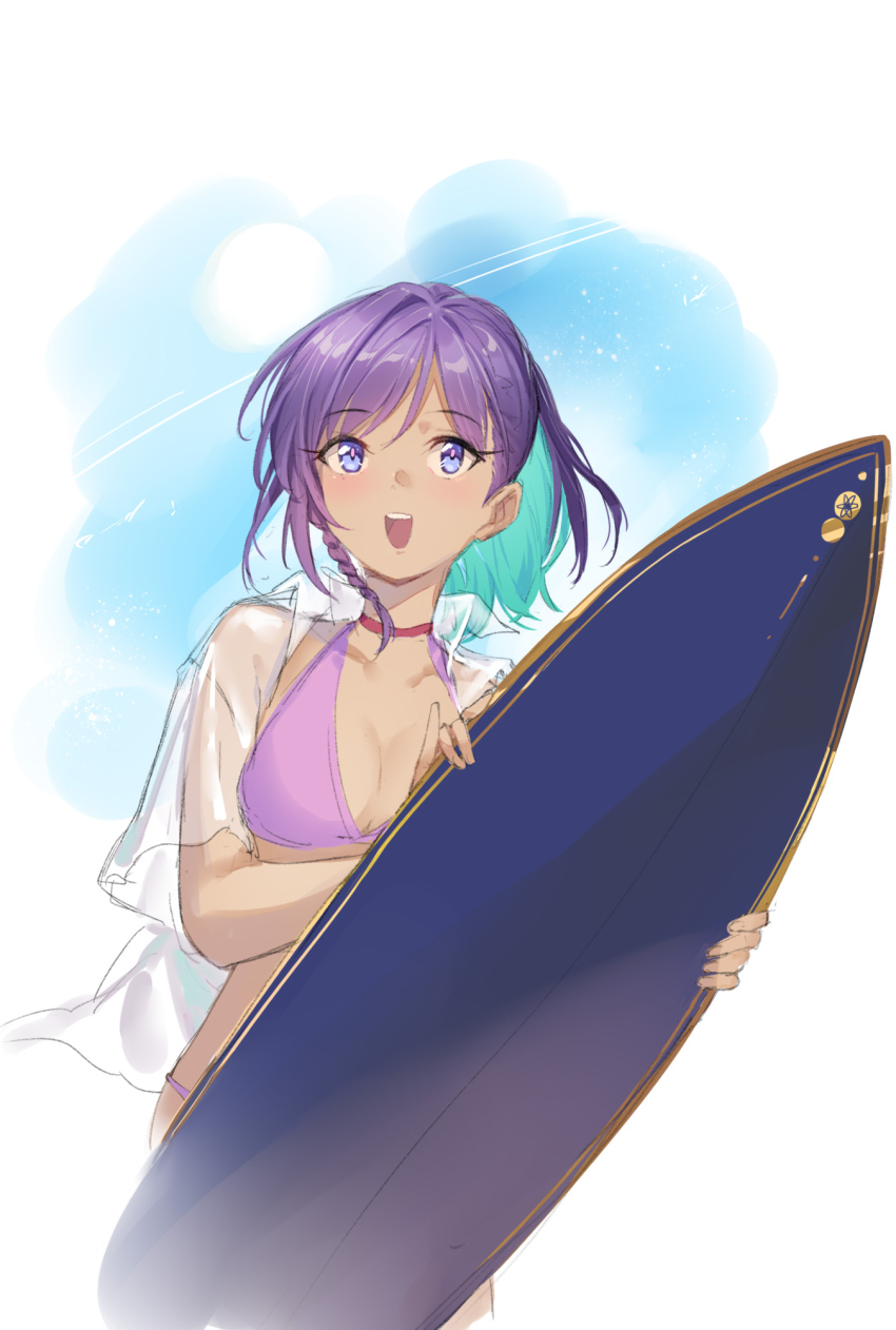 1girl, ayus_(fate), bare_shoulders, bikini, blue_hair, blush, breasts, cleavage