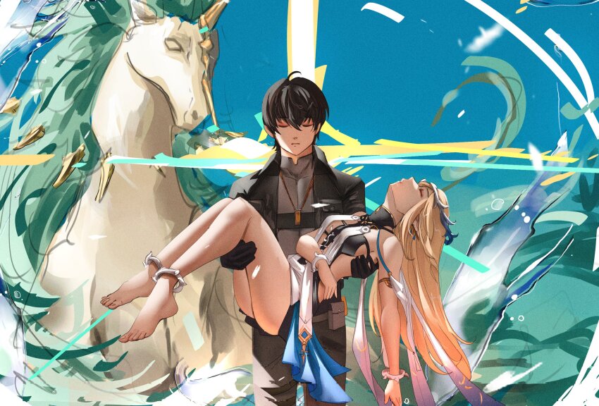 1boy, 1girl, bare_legs, bare_shoulders, barefoot, black_gloves, black_hair, black_jacket