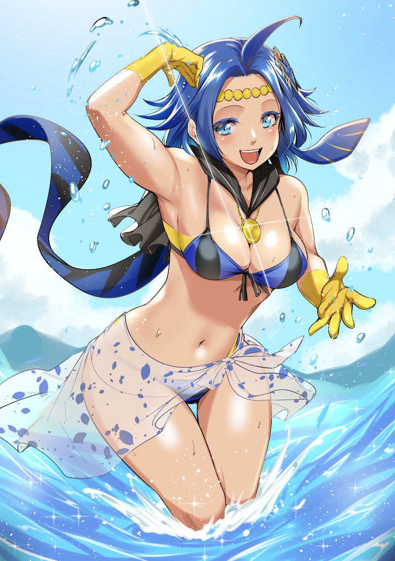 1girl, ahoge, aoi_takeru, arm_up, armpits, bikini, blue_bikini, blue_eyes