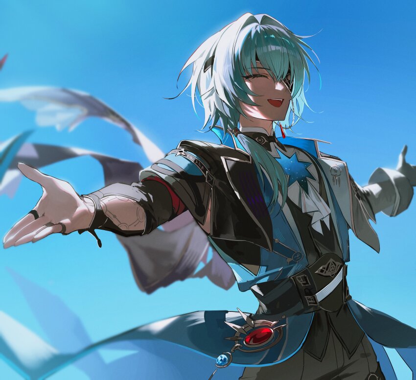 1boy, 9boksen, :d, absurdres, anaxa_(honkai:_star_rail), black_corset, black_gloves, black_pants