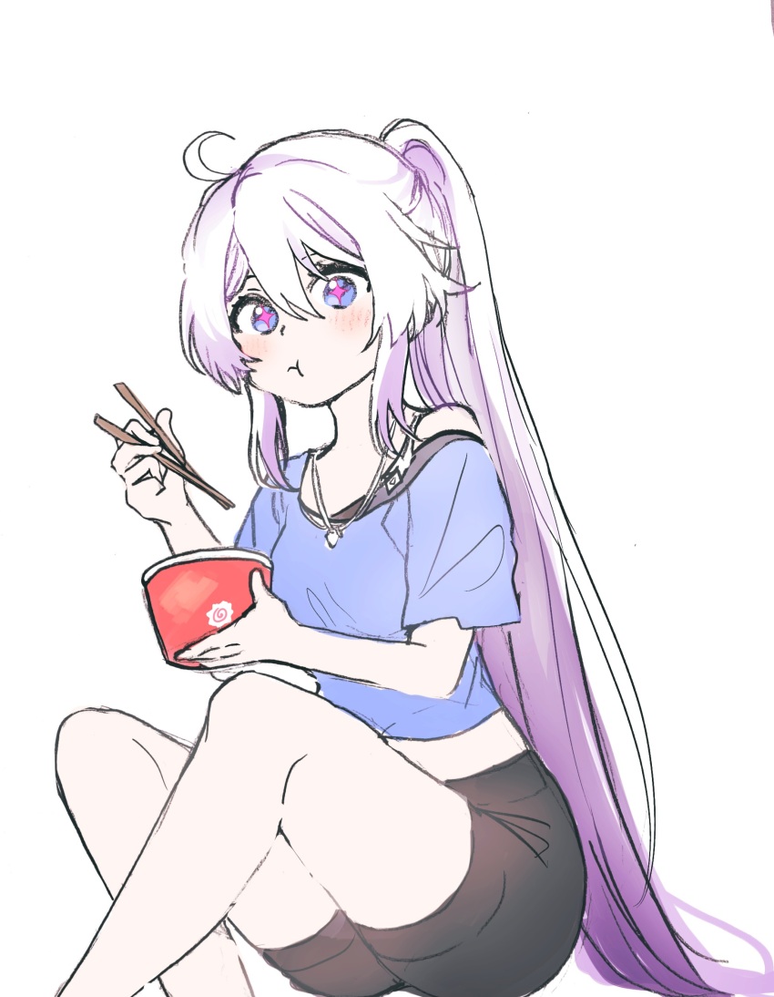 1girl, 5rwpvc, absurdres, ahoge, black_shorts, blue_eyes, blue_shirt, chopsticks