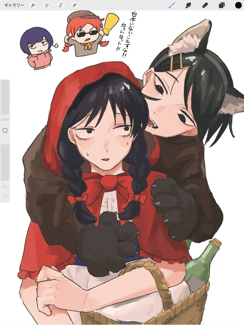 4girls, :d, alternate_hairstyle, animal_costume, animal_ear_fluff, animal_ear_hairband, animal_ears, arms_up