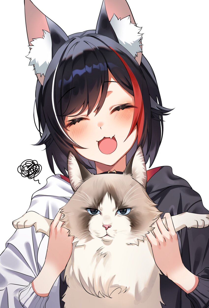 1girl, :d, absurdres, animal, animal_ear_fluff, animal_ears, black_hair, black_hoodie