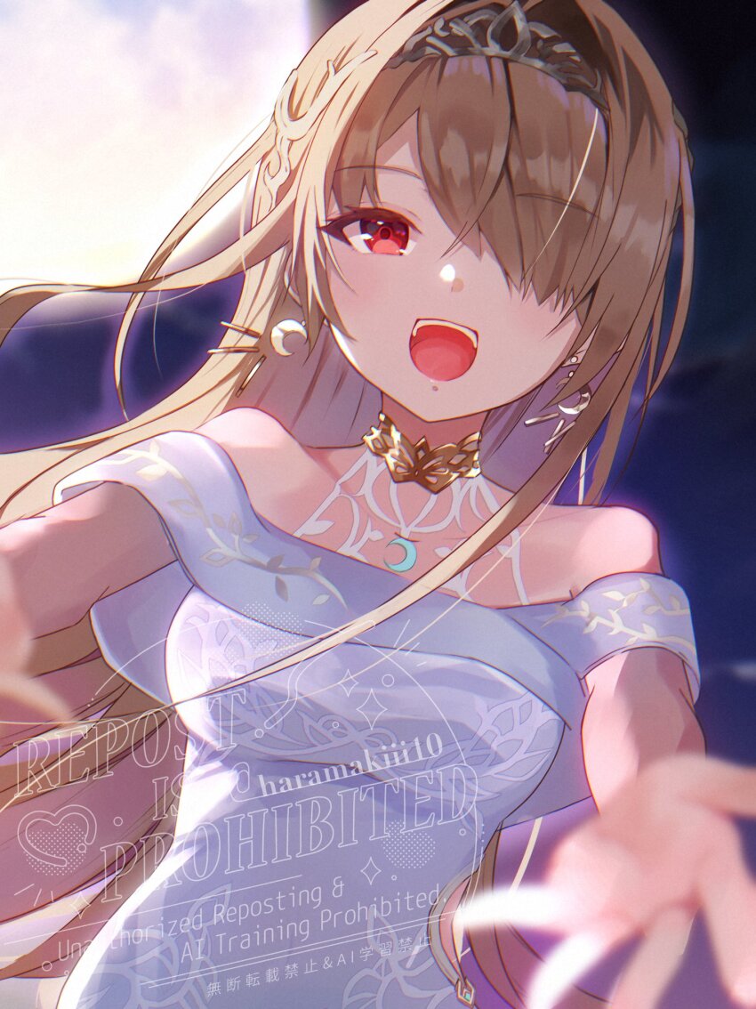 1girl, blonde_hair, breasts, crescent, crescent_hair_ornament, crown, dress, full_moon, hair_ornament, hair_over_one_eye, happy, haramakiii10, heaven_burns_red, highres, kayamori_ruka, kayamori_ruka_(luminous_songstress), long_hair, moon, official_alternate_hair_length, official_alternate_hairstyle, one_eye_covered, open_mouth, red_eyes, solo, teeth, white_dress