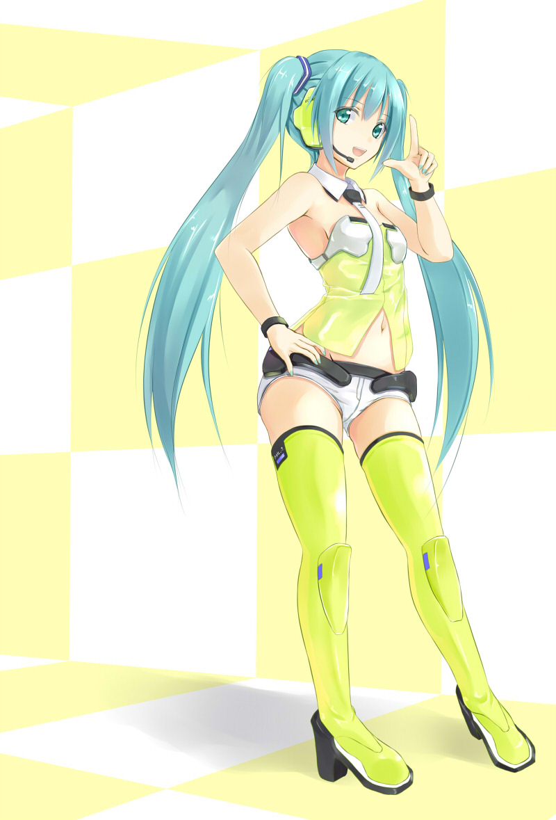 1girl, aqua_eyes, aqua_hair, armpits, bare_shoulders, boots, bracelet, checkered_background