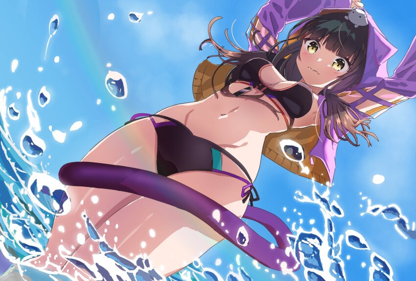 1girl, animal, animal_on_head, asakura_karen_(heaven_burns_red), bikini, black_bikini, black_hair, blue_sky