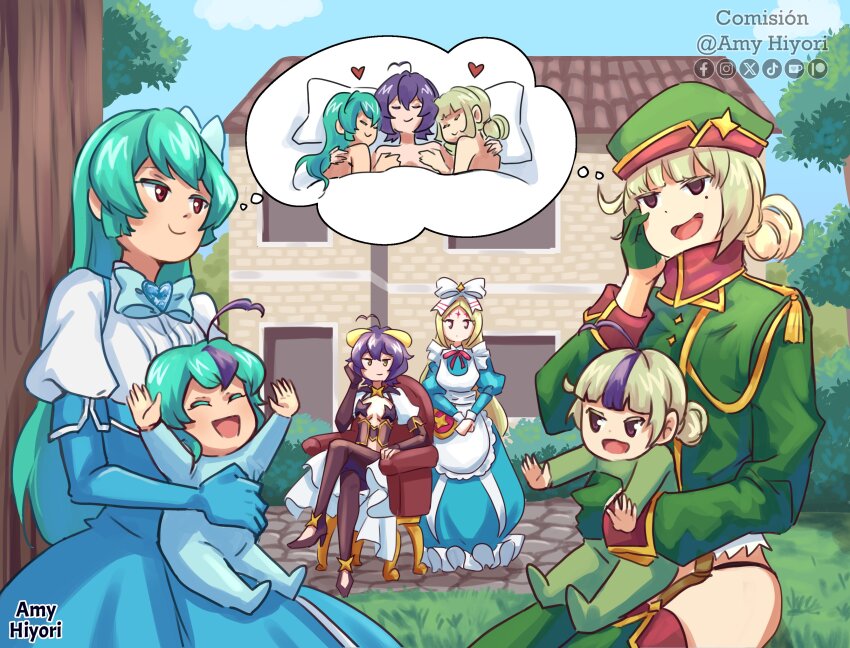 6+girls, absurdres, ahoge, amyhiyori, apron, aqua_hair, araga_kiwi, artist_name, baby, blue_sky, bow, carrying, carrying_baby, carrying_person, chair, cloud, commentary, commission, corset, crossed_legs, day, elbow_gloves, forward-facing_horns, gloves, hair_bow, hat, heart, highres, hiiragi_utena, horns, house, if_they_mated, imagining, leoparde_(mahou_shoujo_ni_akogarete), long_hair, magia_azure, magia_baiser, magical_girl, mahou_shoujo_ni_akogarete, military_hat, military_uniform, minakami_sayo, morino_korisu, mother_and_child, mother_and_daughter, multiple_girls, nero_alice, open_mouth, outdoors, parent_and_child, pasties, pillow, purple_hair, red_eyes, science_babies, sitting, sky, sleeping, smile, spanish_commentary, star_(symbol), star_pasties, tree, under_covers, yuri