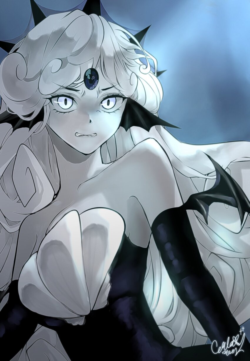 1girl, black_gloves, black_pearl_cookie, colored_skin, commentary_request, cookie_run, cookie_run:_kingdom, crown, curly_hair, dress, elbow_gloves, eunha_milktea, fins, gem, gloves, head_fins, highres, humanization, korean_commentary, long_hair, looking_at_viewer, mermaid, monster_girl, pearl_(gemstone), signature, solo, strapless, tiara, very_long_hair, wavy_hair, white_eyes, white_hair, wings