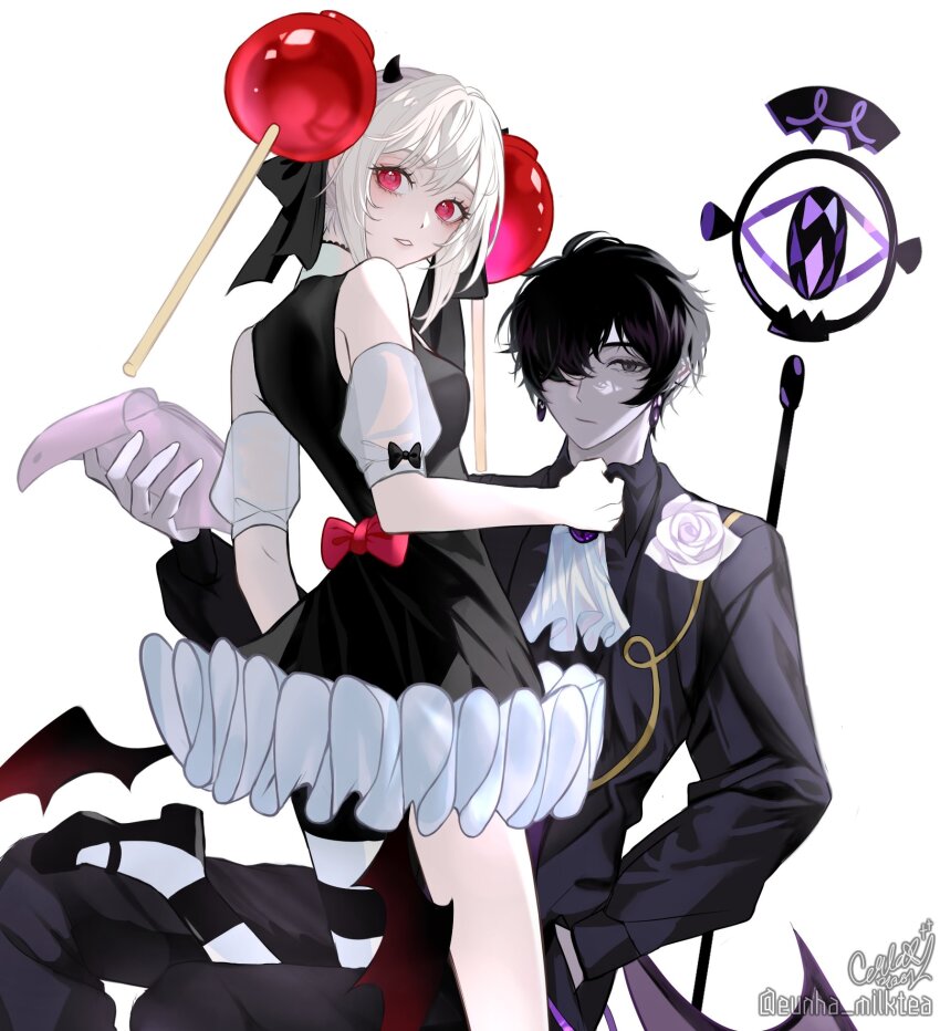 1boy, 1girl, ascot, black_bow, black_dress, black_hair, black_pantyhose, black_sapphire_cookie, black_shirt, bow, bowtie, breasts, candy_apple, candy_apple_cookie, colored_skin, commentary_request, cookie_run, cookie_run:_kingdom, dress, eunha_milktea, flower, food, grey_eyes, hair_over_one_eye, highres, holding, holding_paper, horns, humanization, jacket, korean_commentary, long_sleeves, looking_at_viewer, pale_skin, pantyhose, paper, puffy_sleeves, red_eyes, shirt, short_hair, signature, single_leg_pantyhose, striped_clothes, striped_pantyhose, twitter_username, two-tone_pantyhose, white_background, white_flower, white_hair, white_pantyhose