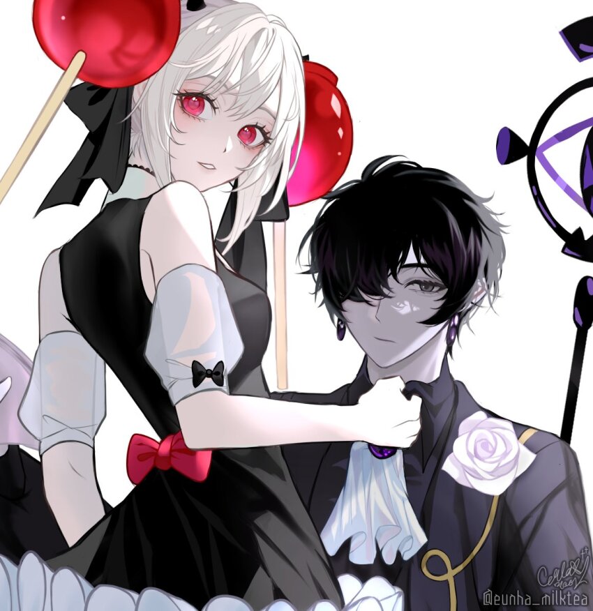 1boy, 1girl, ascot, black_bow, black_dress, black_hair, black_sapphire_cookie, black_shirt