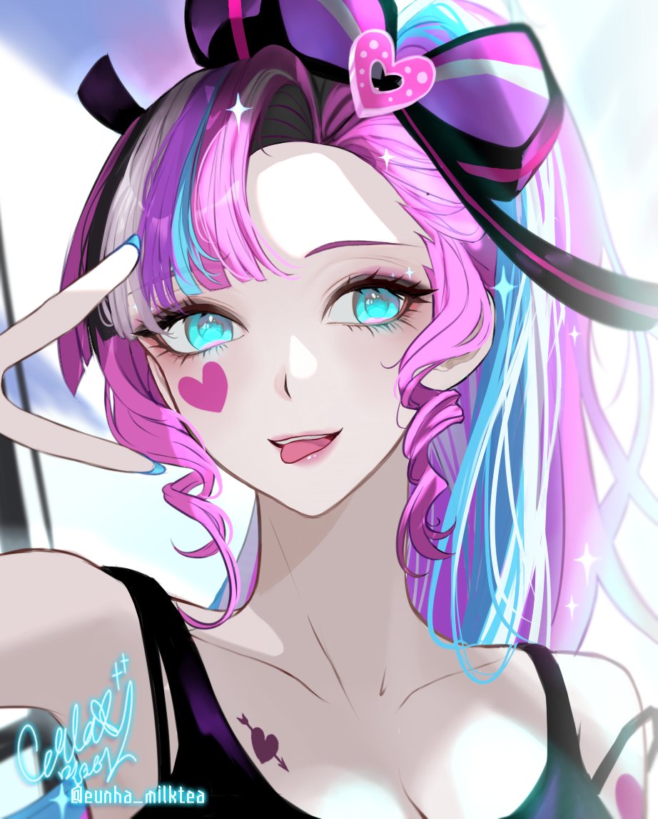 1girl, arm_tattoo, arrow_through_heart, asymmetrical_bangs, black_hair, blue_eyes, blue_hair, blue_nails